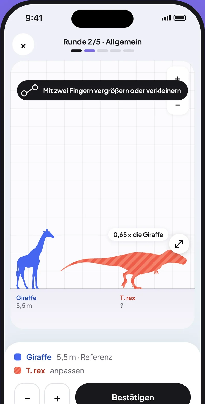 Eine Sizr-Runde: ein T. rex wird neben einer Giraffe skaliert