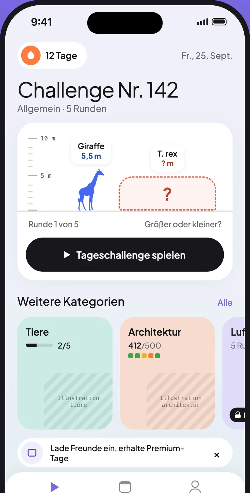 Sizr-Startbildschirm mit der Challenge des Tages
