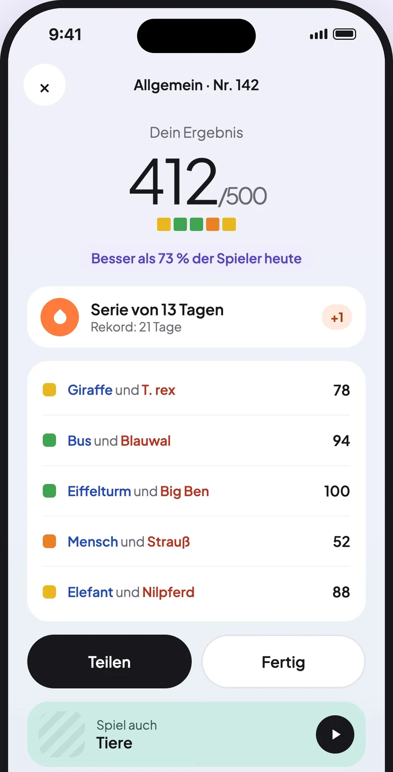 Sizr-Ergebnisbildschirm mit Punktzahl, Serie und Perzentil