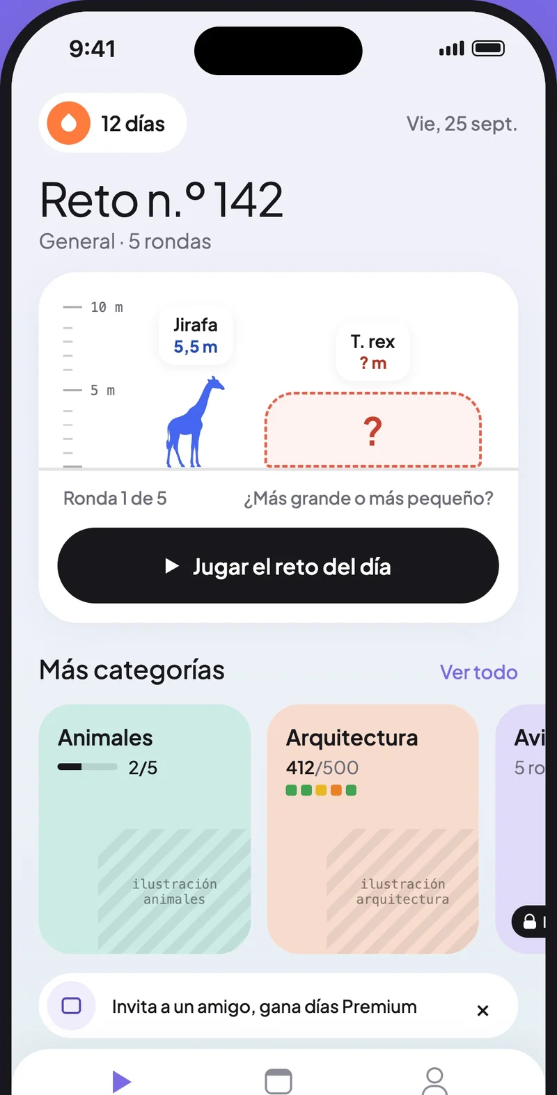 Pantalla de inicio de Sizr con el reto del día