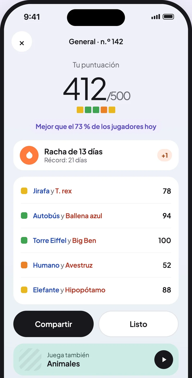 Pantalla de resultados de Sizr con puntuación, racha y percentil