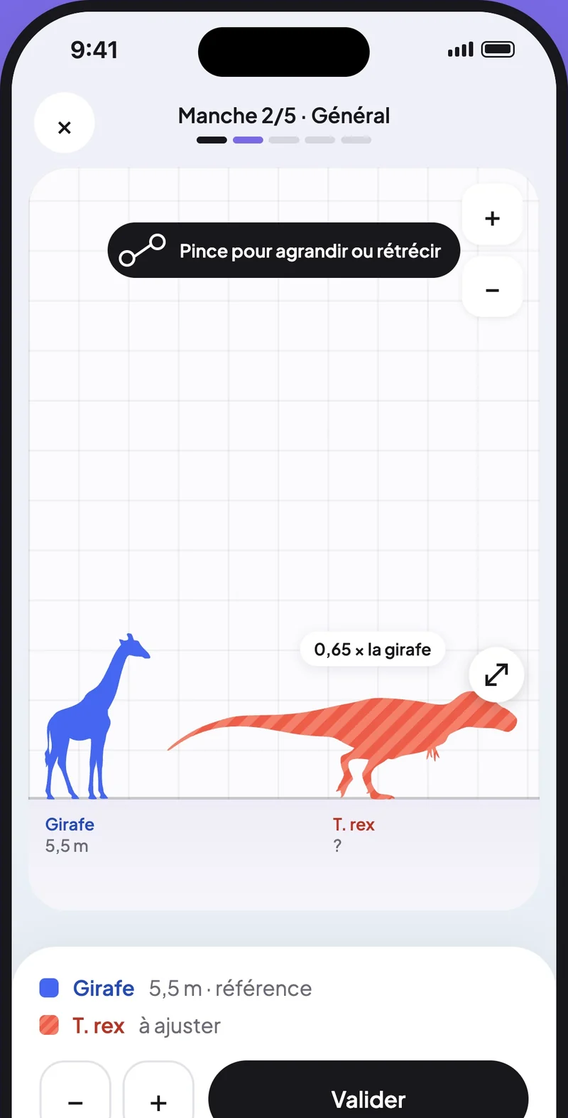 Une manche de Sizr : redimensionner un T. rex à côté d'une girafe