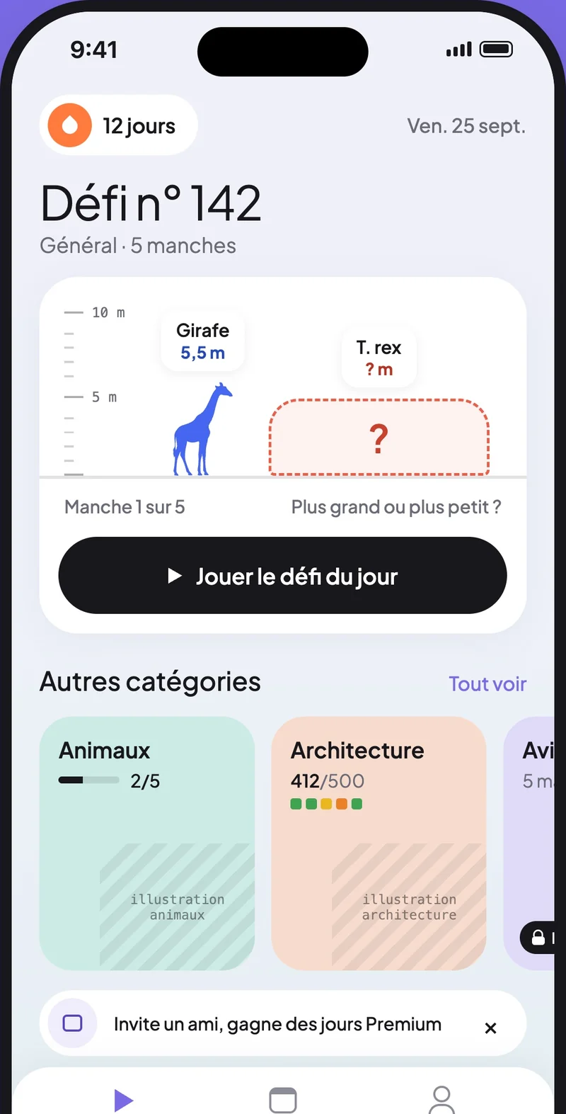 Écran d'accueil de Sizr avec le défi du jour